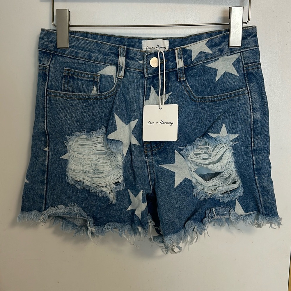Love + Harmony Distressed High Rise Light Wash Shorts Stars Blue Jean Brand New